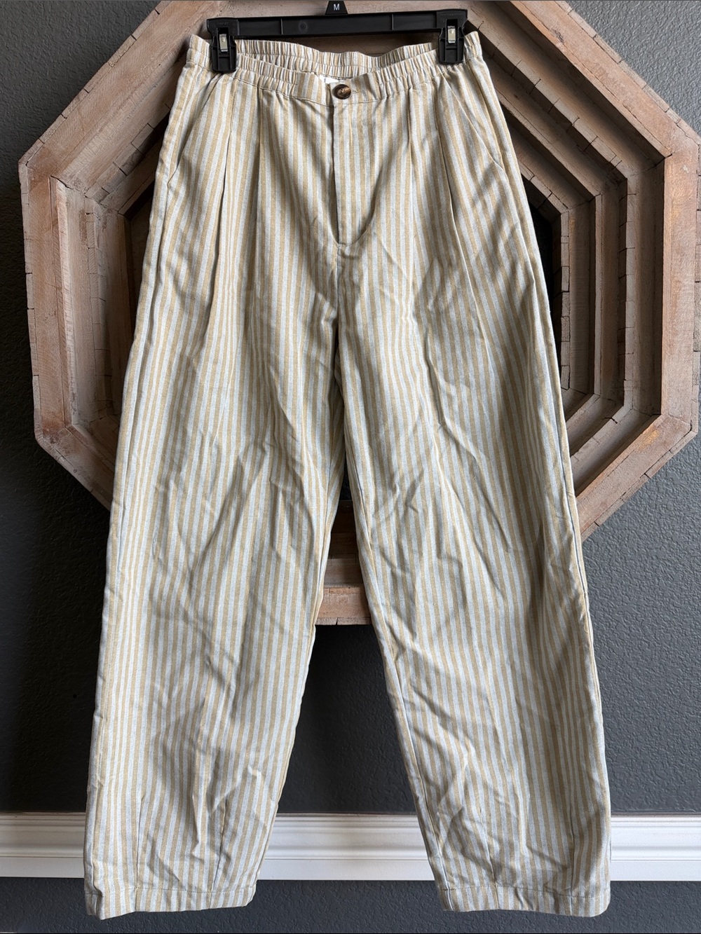 Tan and blue striped pleated barrel pants